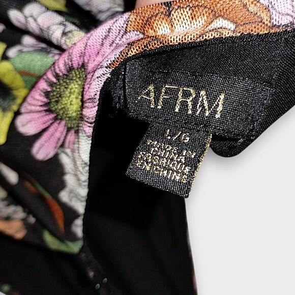 AFRM Dress Sz Large Midi Strappy V Neck Black Stretch Mesh Floral Print Bodycon - Picture 6 of 6